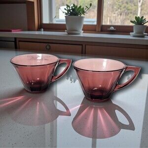 2 Hazel Atlas Ware Moroccan Amethyst Coffee Tea Cups 1960s MCM Purple Glass
